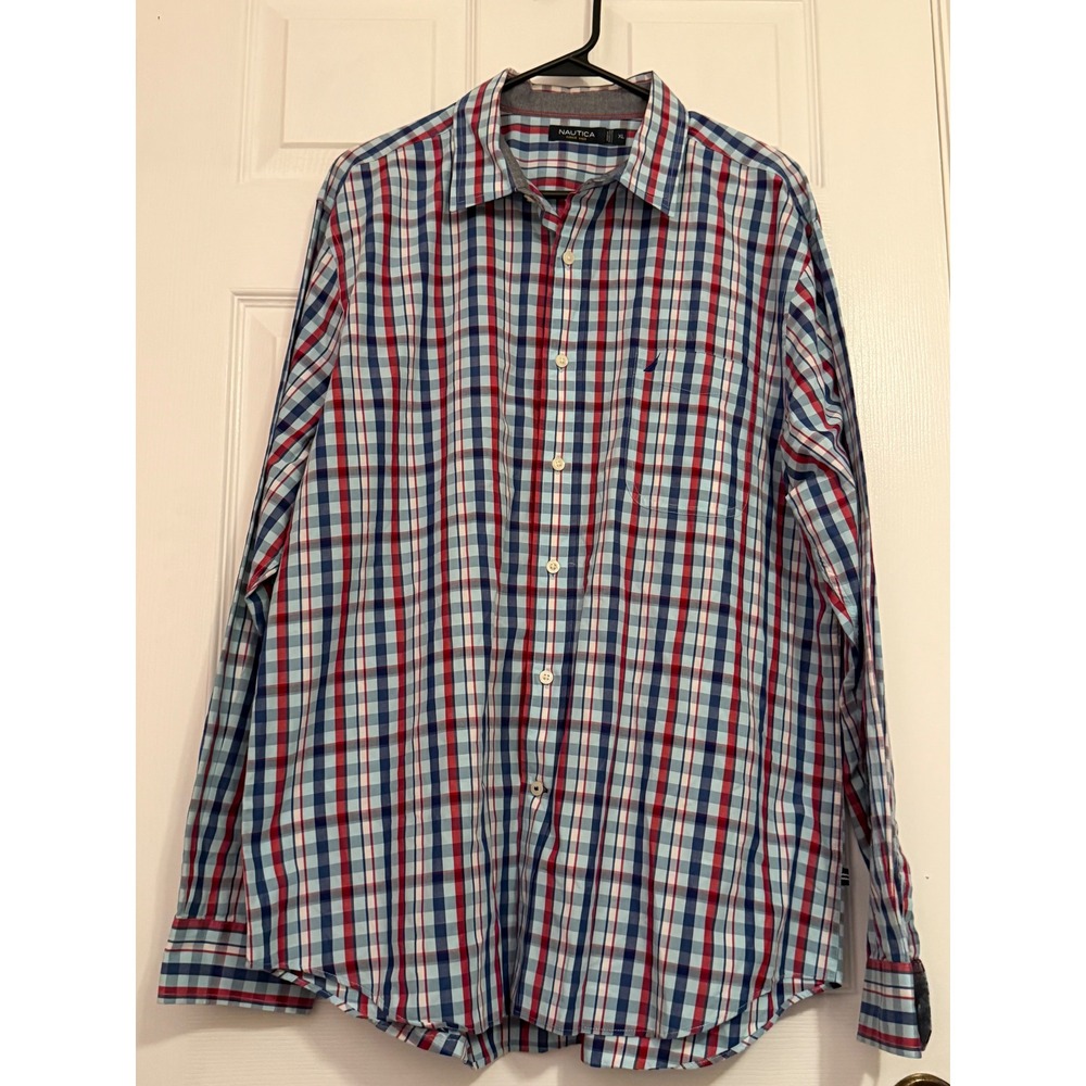 Nautica Mens XL Plaid Button Down Shirt Long Sleeve Cotton Blue Red W52230